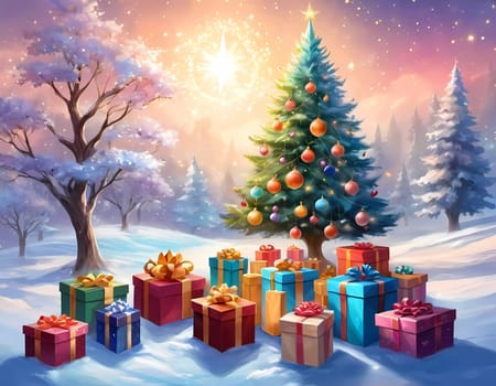 A decorated Christmas tree adorned with colorful ornaments and stacked presents ready for celebration in cozy holiday setting. Wrapped gifts of various colors. Festive atmosphere, warmth and joy. AI.