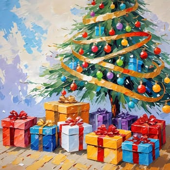 A decorated Christmas tree adorned with colorful ornaments and stacked presents ready for celebration in cozy holiday setting. Wrapped gifts of various colors. Festive atmosphere, warmth and joy. AI.
