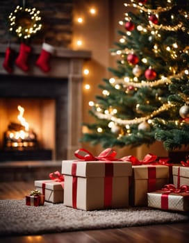 Wrapped presents in various colors sit beneath a decorated spruce tree adorned with shimmering Christmas ornaments, creating a cheerful and festive atmosphere for the New Year celebration.