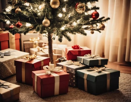 Wrapped presents in various colors sit beneath a decorated spruce tree adorned with shimmering Christmas ornaments, creating a cheerful and festive atmosphere for the New Year celebration.