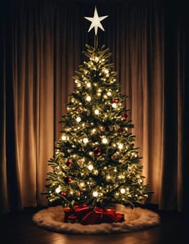Colorful Christmas decorations adorn the branches of a spruce tree, vibrant balls in shades of red, gold, and pink, embodying holiday cheer in winter. Happy New Year art background. Generative AI.