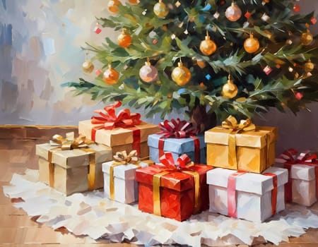 A decorated Christmas tree adorned with colorful ornaments and stacked presents ready for celebration in cozy holiday setting. Wrapped gifts of various colors. Festive atmosphere, warmth and joy. AI.