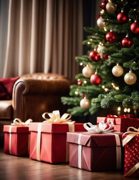Wrapped presents in various colors sit beneath a decorated spruce tree adorned with shimmering Christmas ornaments, creating a cheerful and festive atmosphere for the New Year celebration.