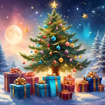 A decorated Christmas tree adorned with colorful ornaments and stacked presents ready for celebration in cozy holiday setting. Wrapped gifts of various colors. Festive atmosphere, warmth and joy. AI.