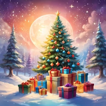 A decorated Christmas tree adorned with colorful ornaments and stacked presents ready for celebration in cozy holiday setting. Wrapped gifts of various colors. Festive atmosphere, warmth and joy. AI.