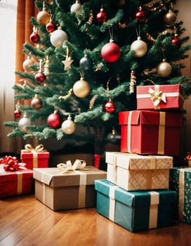 Wrapped presents in various colors sit beneath a decorated spruce tree adorned with shimmering Christmas ornaments, creating a cheerful and festive atmosphere for the New Year celebration.