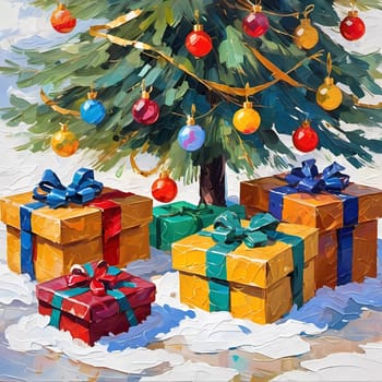 A decorated Christmas tree adorned with colorful ornaments and stacked presents ready for celebration in cozy holiday setting. Wrapped gifts of various colors. Festive atmosphere, warmth and joy. AI.