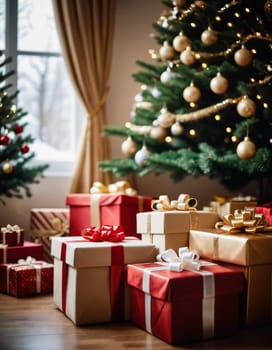 Wrapped presents in various colors sit beneath a decorated spruce tree adorned with shimmering Christmas ornaments, creating a cheerful and festive atmosphere for the New Year celebration.