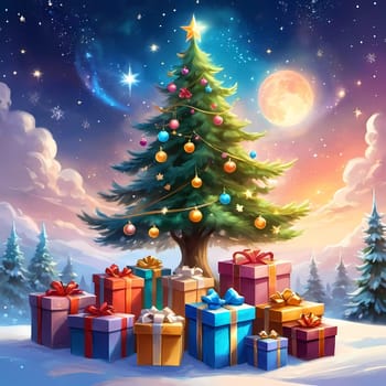 A decorated Christmas tree adorned with colorful ornaments and stacked presents ready for celebration in cozy holiday setting. Wrapped gifts of various colors. Festive atmosphere, warmth and joy. AI.