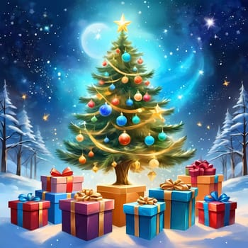 A decorated Christmas tree adorned with colorful ornaments and stacked presents ready for celebration in cozy holiday setting. Wrapped gifts of various colors. Festive atmosphere, warmth and joy. AI.
