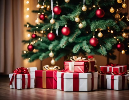 Wrapped presents in various colors sit beneath a decorated spruce tree adorned with shimmering Christmas ornaments, creating a cheerful and festive atmosphere for the New Year celebration.