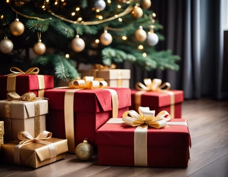 Wrapped presents in various colors sit beneath a decorated spruce tree adorned with shimmering Christmas ornaments, creating a cheerful and festive atmosphere for the New Year celebration.