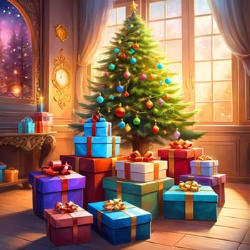 A decorated Christmas tree adorned with colorful ornaments and stacked presents ready for celebration in cozy holiday setting. Wrapped gifts of various colors. Festive atmosphere, warmth and joy. AI.