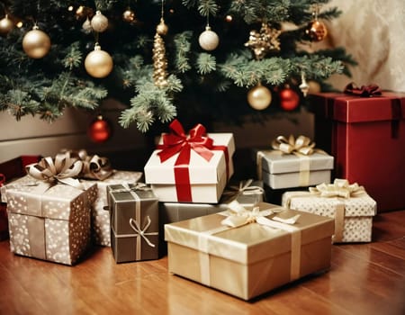 Wrapped presents in various colors sit beneath a decorated spruce tree adorned with shimmering Christmas ornaments, creating a cheerful and festive atmosphere for the New Year celebration.