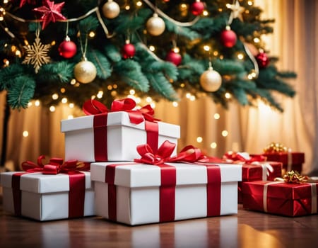 Wrapped presents in various colors sit beneath a decorated spruce tree adorned with shimmering Christmas ornaments, creating a cheerful and festive atmosphere for the New Year celebration.