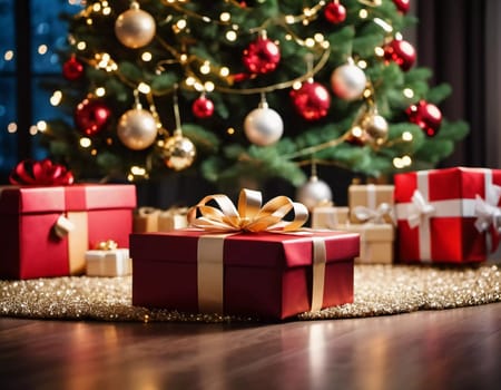 Wrapped presents in various colors sit beneath a decorated spruce tree adorned with shimmering Christmas ornaments, creating a cheerful and festive atmosphere for the New Year celebration.