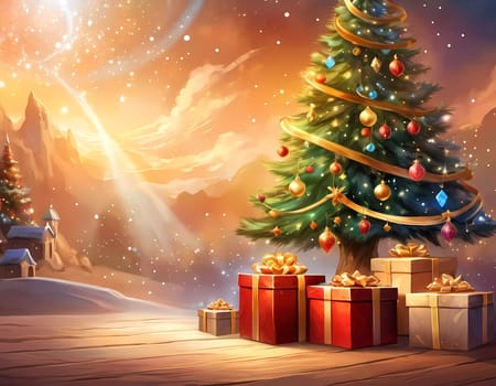 A decorated Christmas tree adorned with colorful ornaments and stacked presents ready for celebration in cozy holiday setting. Wrapped gifts of various colors. Festive atmosphere, warmth and joy. AI.