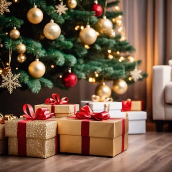 Wrapped presents in various colors sit beneath a decorated spruce tree adorned with shimmering Christmas ornaments, creating a cheerful and festive atmosphere for the New Year celebration.