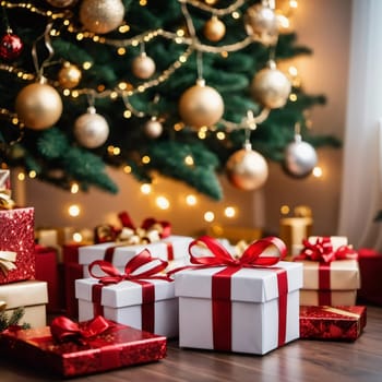 Wrapped presents in various colors sit beneath a decorated spruce tree adorned with shimmering Christmas ornaments, creating a cheerful and festive atmosphere for the New Year celebration.