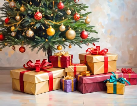 A decorated Christmas tree adorned with colorful ornaments and stacked presents ready for celebration in cozy holiday setting. Wrapped gifts of various colors. Festive atmosphere, warmth and joy. AI.
