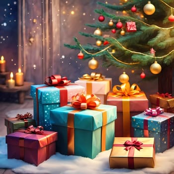 A decorated Christmas tree adorned with colorful ornaments and stacked presents ready for celebration in cozy holiday setting. Wrapped gifts of various colors. Festive atmosphere, warmth and joy. AI.