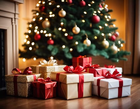 Wrapped presents in various colors sit beneath a decorated spruce tree adorned with shimmering Christmas ornaments, creating a cheerful and festive atmosphere for the New Year celebration.