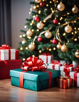 Wrapped presents in various colors sit beneath a decorated spruce tree adorned with shimmering Christmas ornaments, creating a cheerful and festive atmosphere for the New Year celebration.