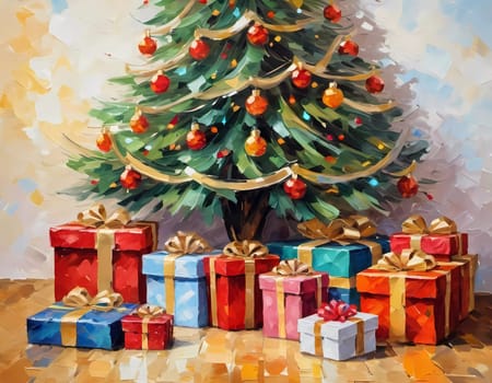 A decorated Christmas tree adorned with colorful ornaments and stacked presents ready for celebration in cozy holiday setting. Wrapped gifts of various colors. Festive atmosphere, warmth and joy. AI.