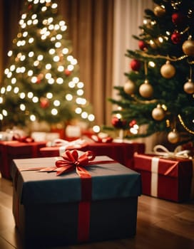 Wrapped presents in various colors sit beneath a decorated spruce tree adorned with shimmering Christmas ornaments, creating a cheerful and festive atmosphere for the New Year celebration.