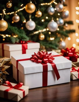Wrapped presents in various colors sit beneath a decorated spruce tree adorned with shimmering Christmas ornaments, creating a cheerful and festive atmosphere for the New Year celebration.