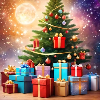 A decorated Christmas tree adorned with colorful ornaments and stacked presents ready for celebration in cozy holiday setting. Wrapped gifts of various colors. Festive atmosphere, warmth and joy. AI.