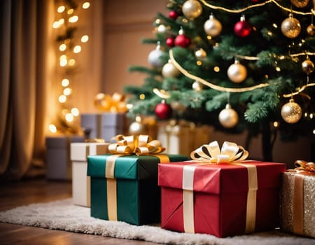 Wrapped presents in various colors sit beneath a decorated spruce tree adorned with shimmering Christmas ornaments, creating a cheerful and festive atmosphere for the New Year celebration.
