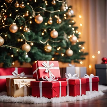 Wrapped presents in various colors sit beneath a decorated spruce tree adorned with shimmering Christmas ornaments, creating a cheerful and festive atmosphere for the New Year celebration.
