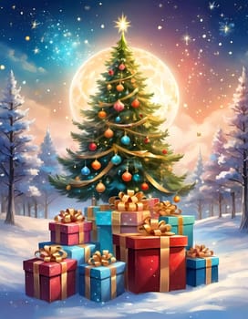 A decorated Christmas tree adorned with colorful ornaments and stacked presents ready for celebration in cozy holiday setting. Wrapped gifts of various colors. Festive atmosphere, warmth and joy. AI.