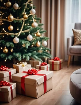 Wrapped presents in various colors sit beneath a decorated spruce tree adorned with shimmering Christmas ornaments, creating a cheerful and festive atmosphere for the New Year celebration.