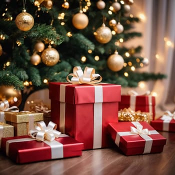 Wrapped presents in various colors sit beneath a decorated spruce tree adorned with shimmering Christmas ornaments, creating a cheerful and festive atmosphere for the New Year celebration.