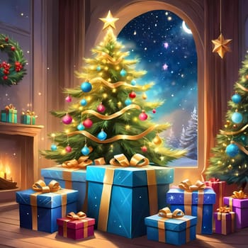 A decorated Christmas tree adorned with colorful ornaments and stacked presents ready for celebration in cozy holiday setting. Wrapped gifts of various colors. Festive atmosphere, warmth and joy. AI.