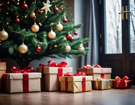 Wrapped presents in various colors sit beneath a decorated spruce tree adorned with shimmering Christmas ornaments, creating a cheerful and festive atmosphere for the New Year celebration.