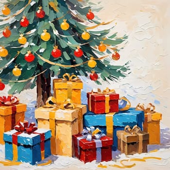 A decorated Christmas tree adorned with colorful ornaments and stacked presents ready for celebration in cozy holiday setting. Wrapped gifts of various colors. Festive atmosphere, warmth and joy. AI.