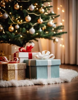 Wrapped presents in various colors sit beneath a decorated spruce tree adorned with shimmering Christmas ornaments, creating a cheerful and festive atmosphere for the New Year celebration.