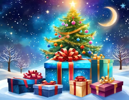A decorated Christmas tree adorned with colorful ornaments and stacked presents ready for celebration in cozy holiday setting. Wrapped gifts of various colors. Festive atmosphere, warmth and joy. AI.