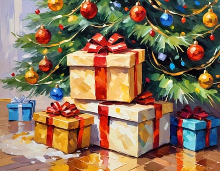 A decorated Christmas tree adorned with colorful ornaments and stacked presents ready for celebration in cozy holiday setting. Wrapped gifts of various colors. Festive atmosphere, warmth and joy. AI.