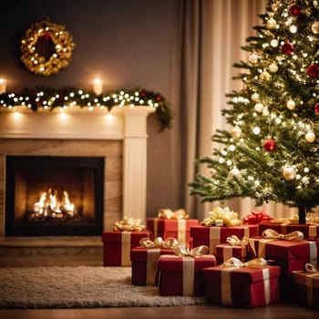 Wrapped presents in various colors sit beneath a decorated spruce tree adorned with shimmering Christmas ornaments, creating a cheerful and festive atmosphere for the New Year celebration.
