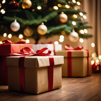 Wrapped presents in various colors sit beneath a decorated spruce tree adorned with shimmering Christmas ornaments, creating a cheerful and festive atmosphere for the New Year celebration.
