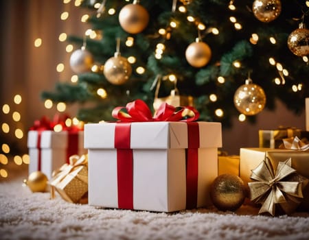 Wrapped presents in various colors sit beneath a decorated spruce tree adorned with shimmering Christmas ornaments, creating a cheerful and festive atmosphere for the New Year celebration.