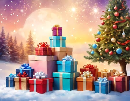 A decorated Christmas tree adorned with colorful ornaments and stacked presents ready for celebration in cozy holiday setting. Wrapped gifts of various colors. Festive atmosphere, warmth and joy. AI.