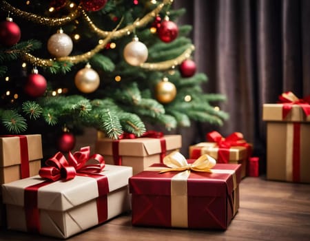 Wrapped presents in various colors sit beneath a decorated spruce tree adorned with shimmering Christmas ornaments, creating a cheerful and festive atmosphere for the New Year celebration.