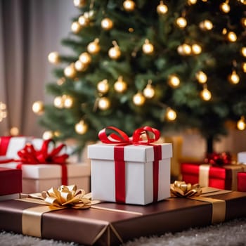 Wrapped presents in various colors sit beneath a decorated spruce tree adorned with shimmering Christmas ornaments, creating a cheerful and festive atmosphere for the New Year celebration.