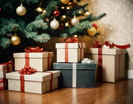 Wrapped presents in various colors sit beneath a decorated spruce tree adorned with shimmering Christmas ornaments, creating a cheerful and festive atmosphere for the New Year celebration.
