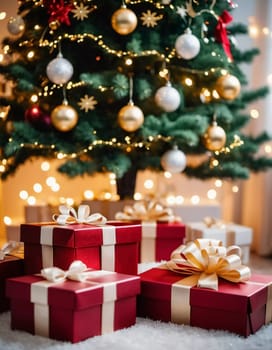 Wrapped presents in various colors sit beneath a decorated spruce tree adorned with shimmering Christmas ornaments, creating a cheerful and festive atmosphere for the New Year celebration.